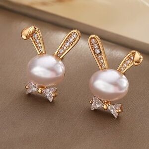 New Playboy Gold and White Bunny Pearl Earrings